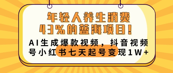 年轻人养生消费43%的蓝海项目，AI生成爆款视频，抖音视频号小红书七天起号变现1w-小何资源库