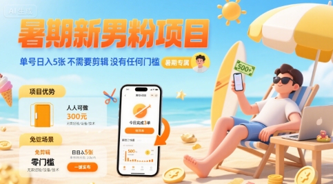 暑期新男粉项目 单号日入5张 不需要剪辑  没有任何门槛-小何资源库