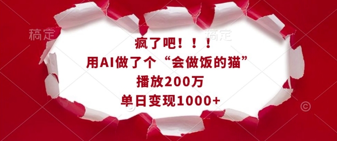 疯了吧！用AI做了个“会做饭的猫”，播放200万，单日变现1k-小何资源库