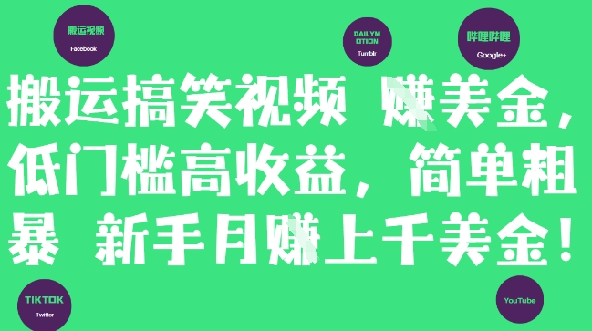 搬运搞笑视频挣美金，低门槛高收益，简单粗暴新手月入上千美刀-小何资源库