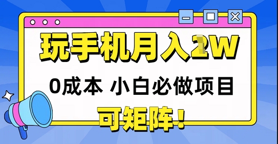 0成本小白必做项目，可矩阵，玩玩手机月入1w+-小何资源库