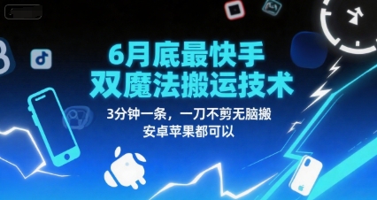 6月底最新快手双魔法搬运技术，3分钟一条，一刀不剪无脑搬，安卓苹果都可以-小何资源库