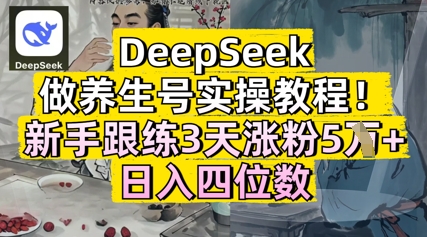 DeepSeek做养生号实操教程，新手跟练3天涨粉5W+，日入三位数-小何资源库