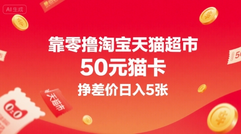 靠零撸淘宝天猫超市50元猫卡，挣差价日入5张-小何资源库