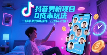 抖音男粉项目0成本玩法，一部手机即可操作，日均4张+，时间自由-小何资源库