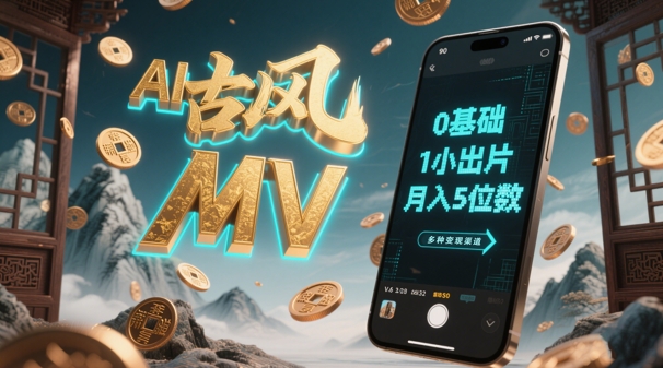 AI一键生成古风音乐MV，0剪辑基础1小时出片，多种变现渠道，一部手机月入5位数-小何资源库