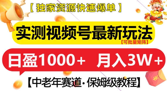 实测视频号最新玩法，中老年赛道，独家资源，月入过W+【揭秘】-小何资源库