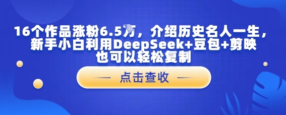 16个作品涨粉6.5W，介绍历史名人一生，新手小白利用DeepSeek+豆包+剪映也可以轻松复制-小何资源库