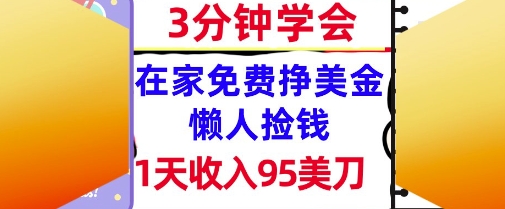 在家免费挣美金，1天收入95美刀，超简单，3分钟学会，长久的被动收入-小何资源库
