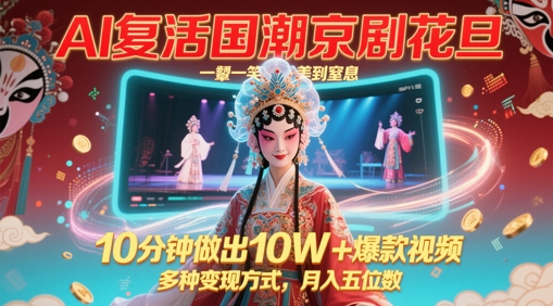 AI复活国潮京剧花旦，一颦一笑美到窒息，10分钟做出10W+爆款视频，多种变现方式，月入五位数-小何资源库