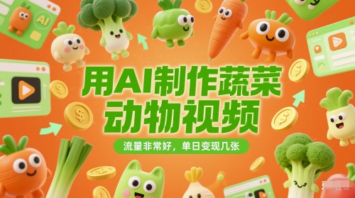 用AI制作蔬菜动物视频，流量非常好，单日变现几张-小何资源库