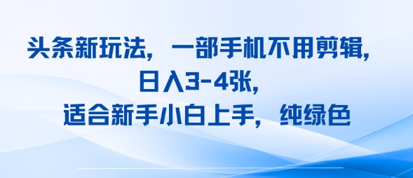 头条新玩法，一部手机不用剪辑，日入3-4张，适合新手小白上手，纯绿色-小何资源库