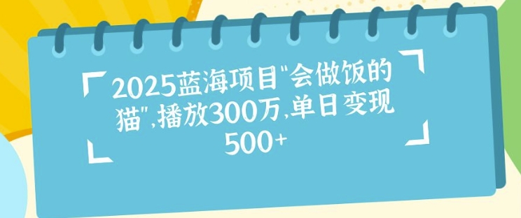 2025蓝海项目“会做饭的猫”，播放300万，单日变现多张-小何资源库