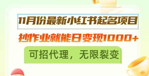 （13256期）11月份最新小红书起名项目，抄作业就能日变现1000+，可招代理，无限裂变-小何资源库