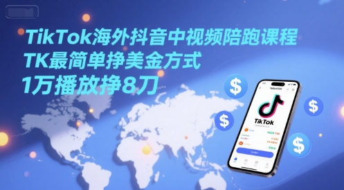 TikTok海外抖音中视频陪跑课程，TK最简单挣美金方式，1万播放挣8刀-小何资源库