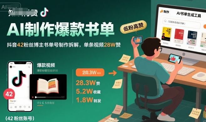 AI制作爆款书单，抖音42粉丝博主书单号制作拆解，单条视频28W赞-小何资源库